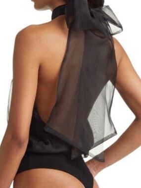 Organza Black Sheer Halter Bodysuit with Bow Size L